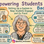 Illustrated infographic titled "Empowering Students with Badges – Setting Up a System to Keep Students Engaged and On Track." In the center is a drawing of a smiling educator with gray hair, glasses, and a patterned jacket, identified by the Instagram handle @artful_innovator.