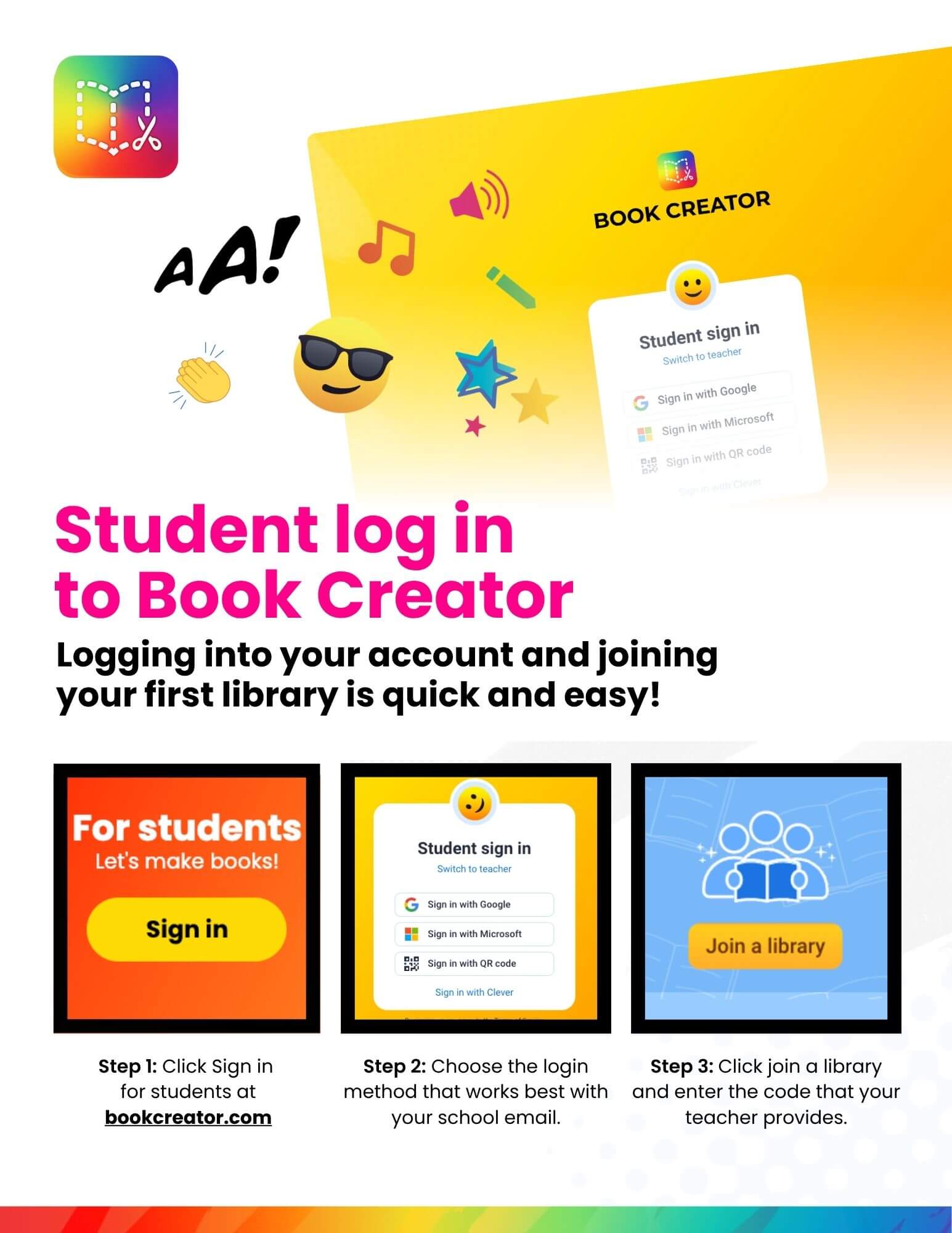 A colorful instructional poster from Book Creator titled "Student log in to Book Creator." It provides a 3-step guide for students: Step 1—Click "Sign in" at bookcreator.com; Step 2—Choose a login method (Google, Microsoft, QR code, Clever); Step 3—Click "Join a library" and enter the teacher’s code. The poster features fun icons like a smiley face with sunglasses, a pencil, music notes, and stars.
