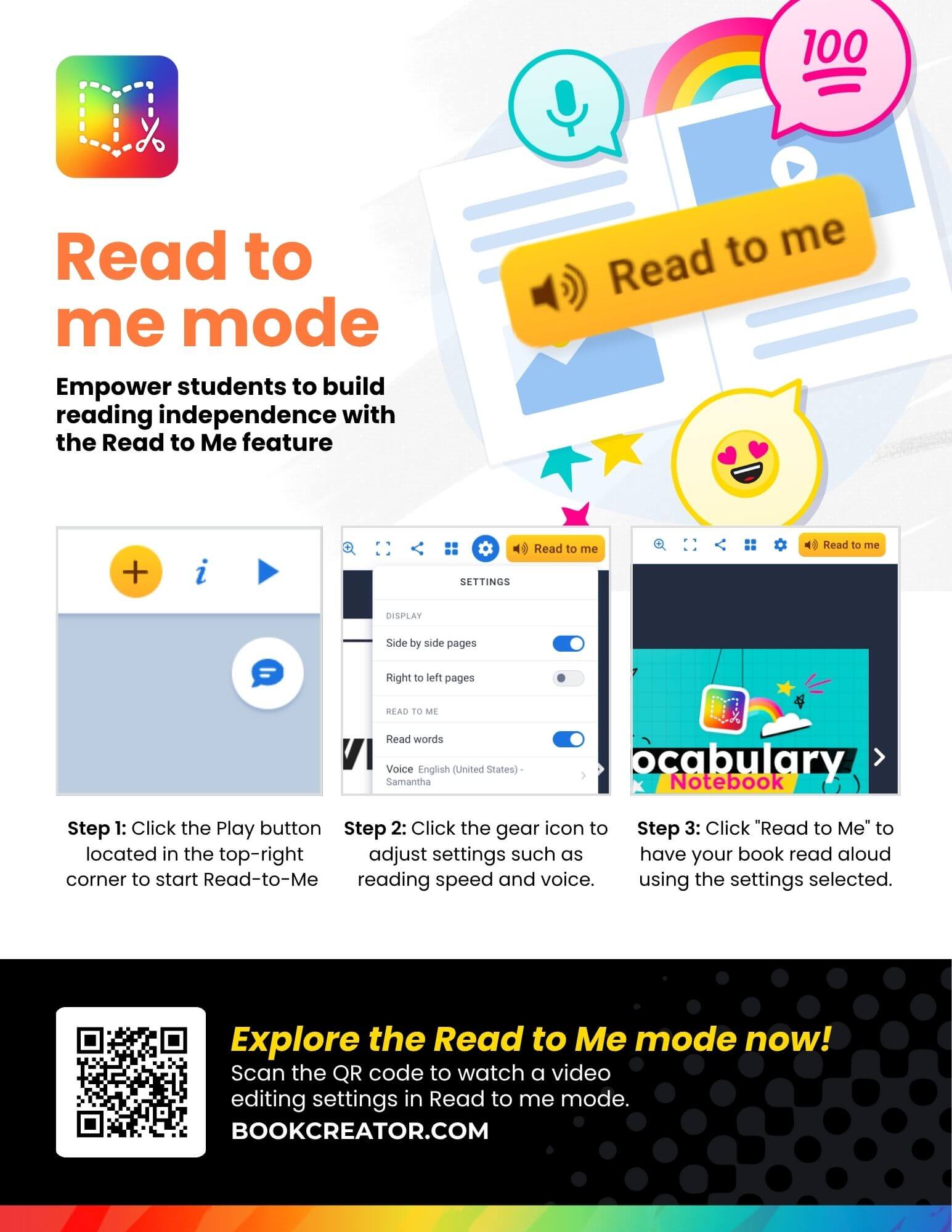 An instructional poster from Book Creator explaining how to use the Read to Me mode. It includes three visual steps: clicking the play button, adjusting settings like voice and speed, and activating the 'Read to Me' feature. Decorative icons like speech bubbles, stars, and rainbows add a playful touch. A QR code links to a video tutorial.