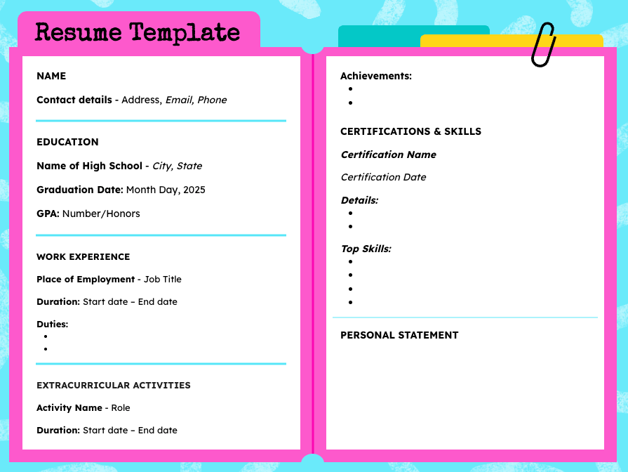 A digital template for a student resume. The page is divided into two columns with a pink border and a light blue background with white question marks. The left column includes sections for "NAME," "Contact details," "EDUCATION," "WORK EXPERIENCE," and "EXTRACURRICULAR ACTIVITIES." The right column has sections for "Achievements," "CERTIFICATIONS & SKILLS," and "PERSONAL STATEMENT." A paper clip graphic is at the top right.